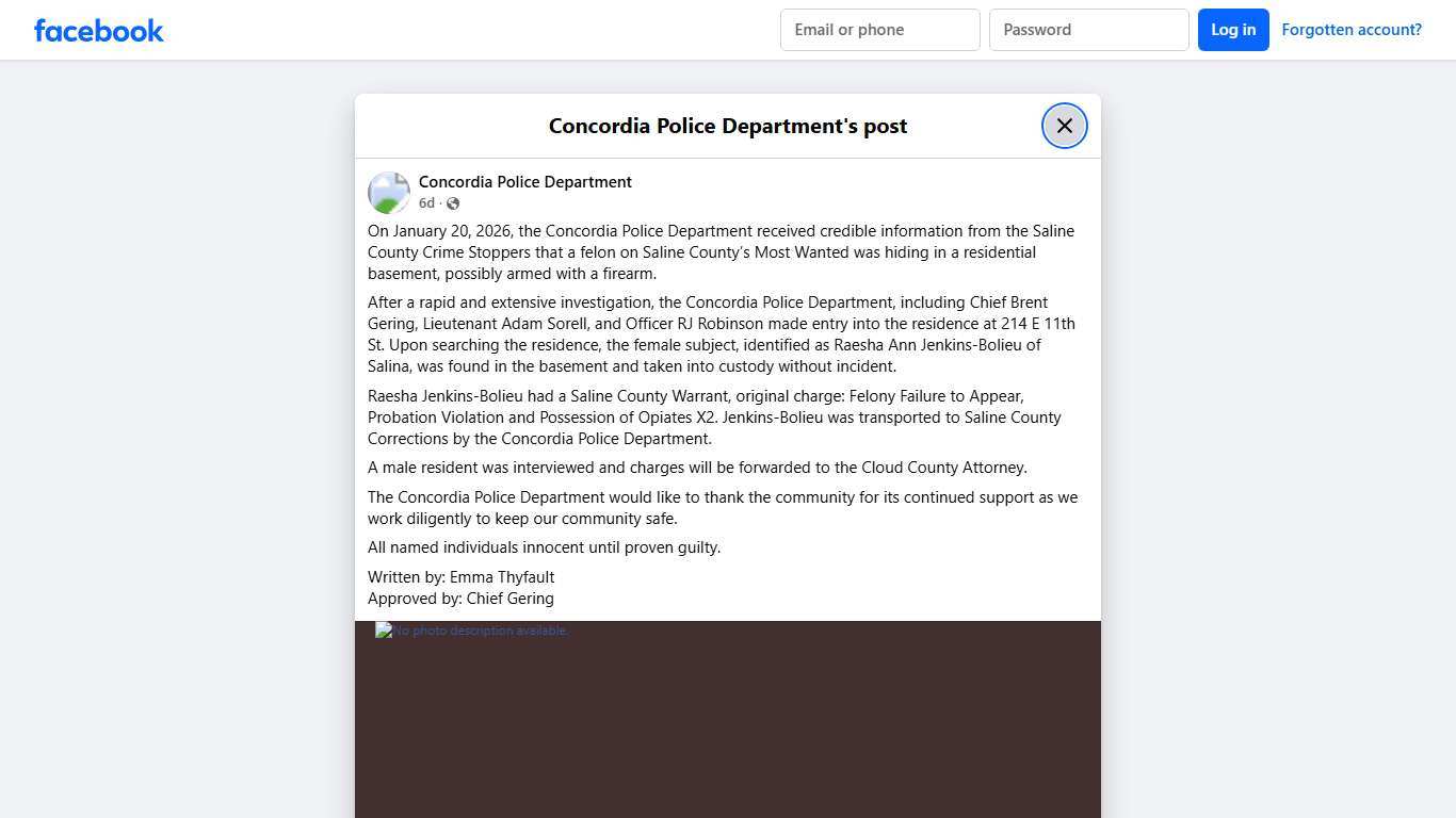 On January 20, 2026, the... - Concordia Police Department Facebook